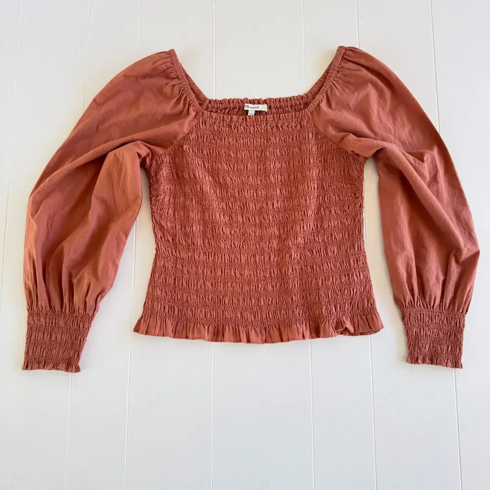 Madewell Lucie Bubble-Sleeve Smocked Top Peasant Blouse